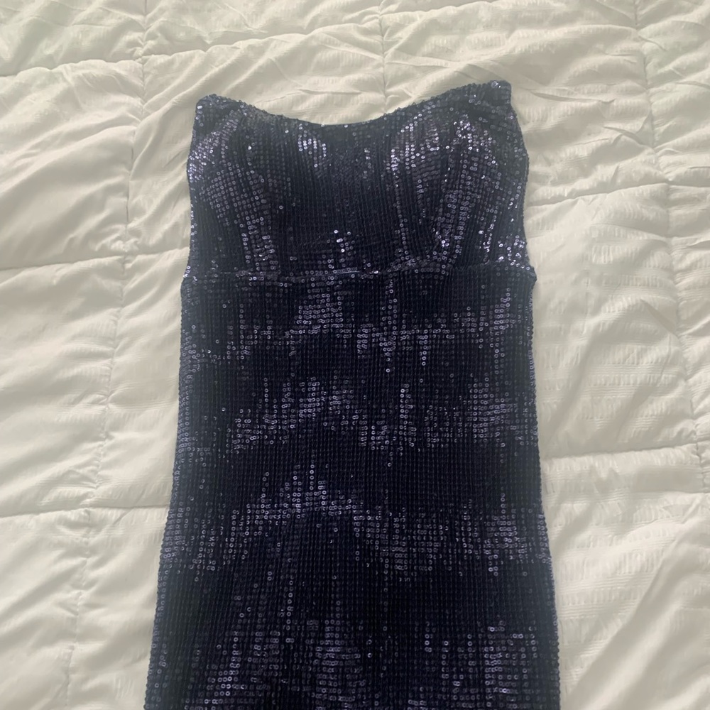 NAVY BLUE SEQUIN STRAPLESS BODYCON DRESS
